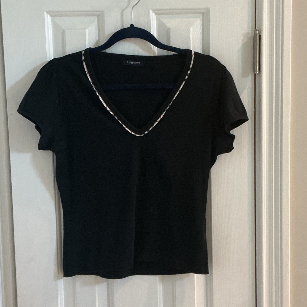 Burberry Vintage Navy Short Sleeved Top w/ Burberry Trimmed V-Neck